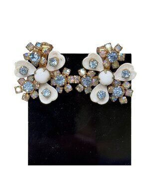 Vintage Weiss NY Clip-On Earrings Floral W/ Rhinestones & Poured Glass Gold-Tone